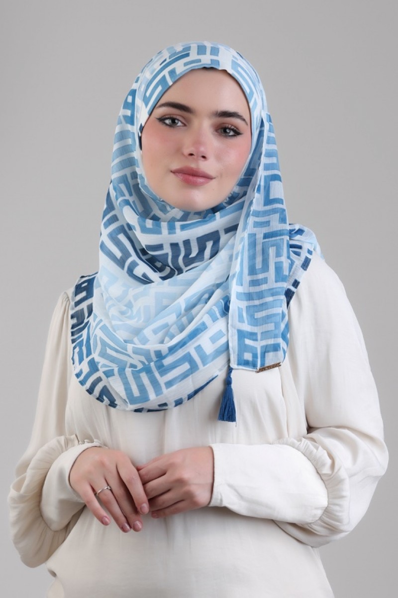 Monogram Blue - Printed Plus Crinkled Chiffon