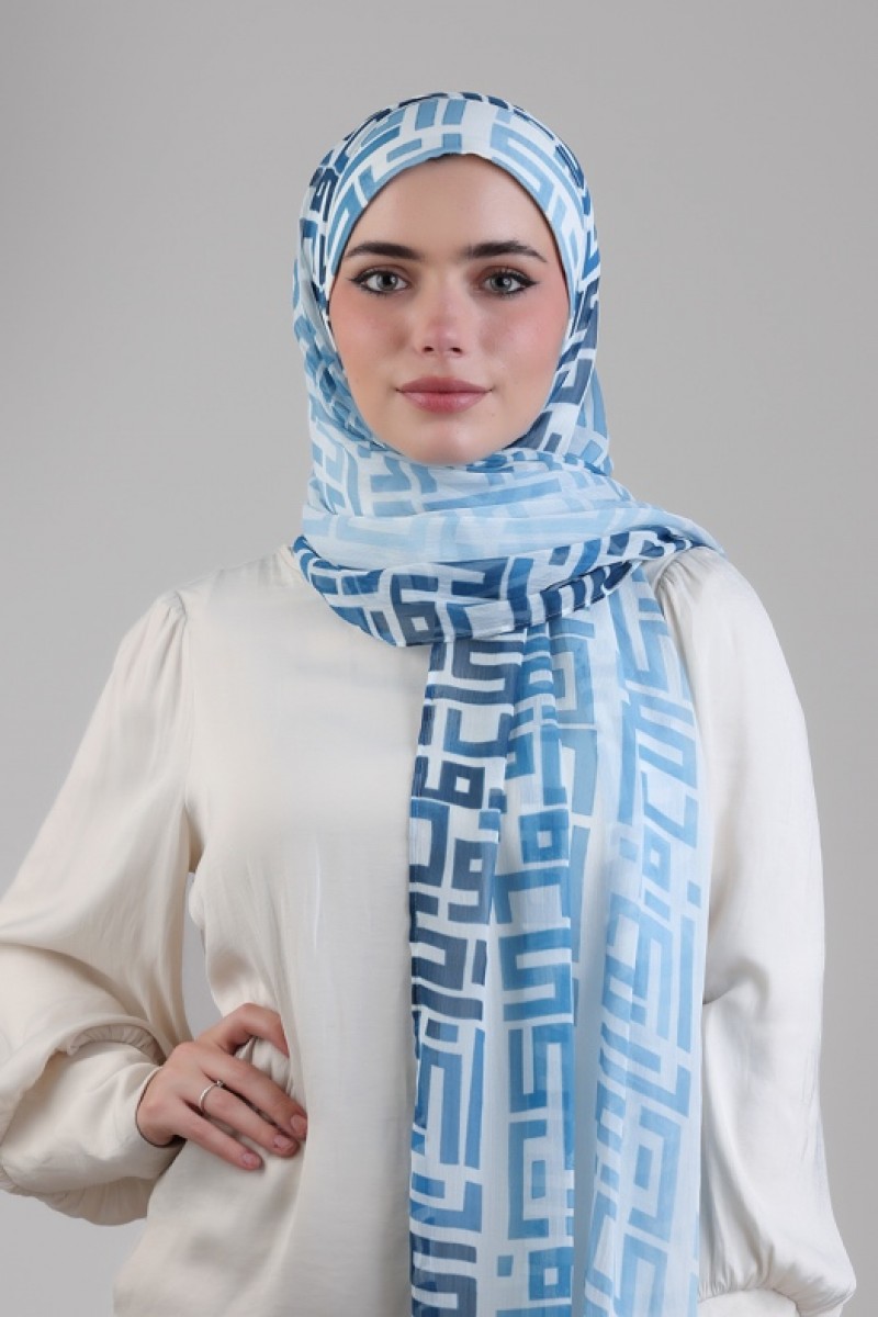 Monogram Blue - Printed Plus Crinkled Chiffon