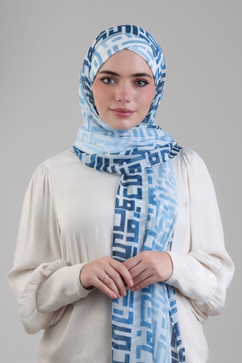 Monogram Blue - Printed Plus Crinkled Chiffon