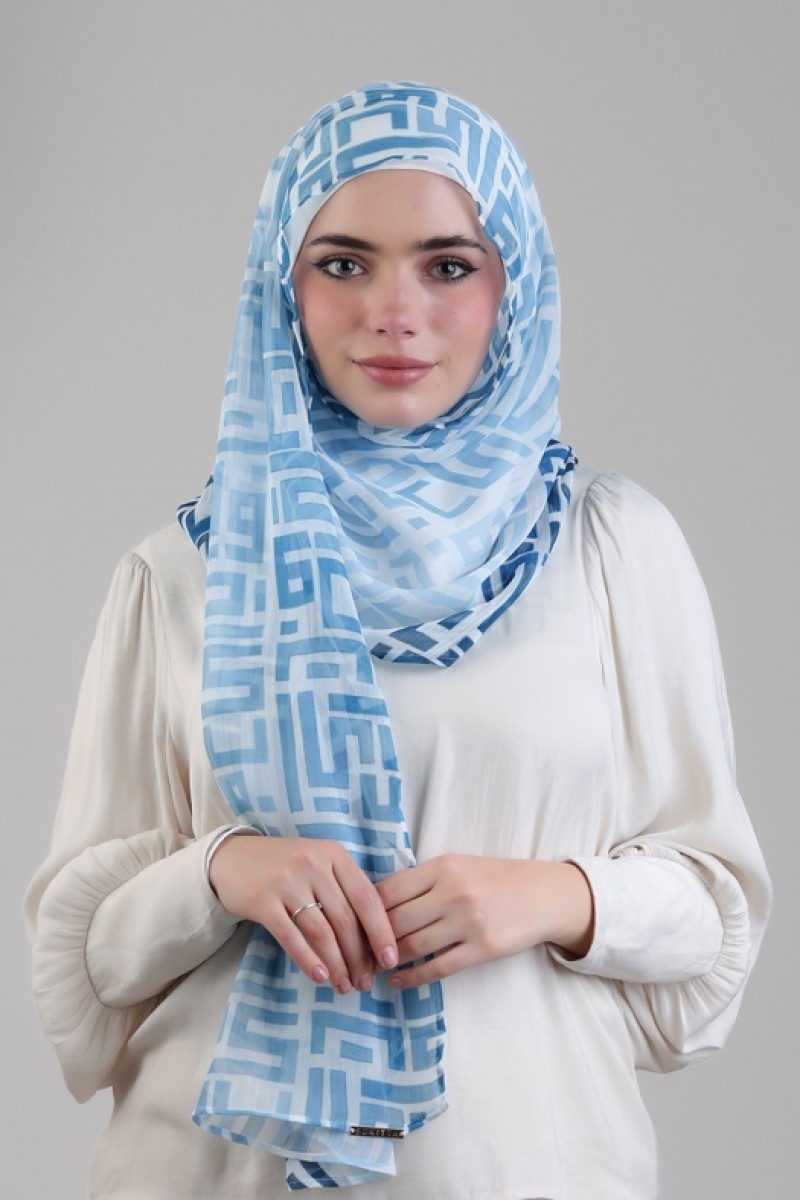 Monogram Blue - Printed Plus Crinkled Chiffon