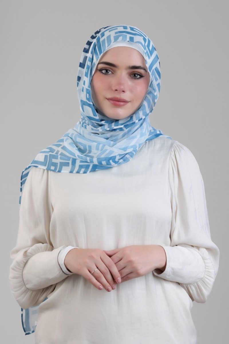 Monogram Blue - Printed Plus Crinkled Chiffon