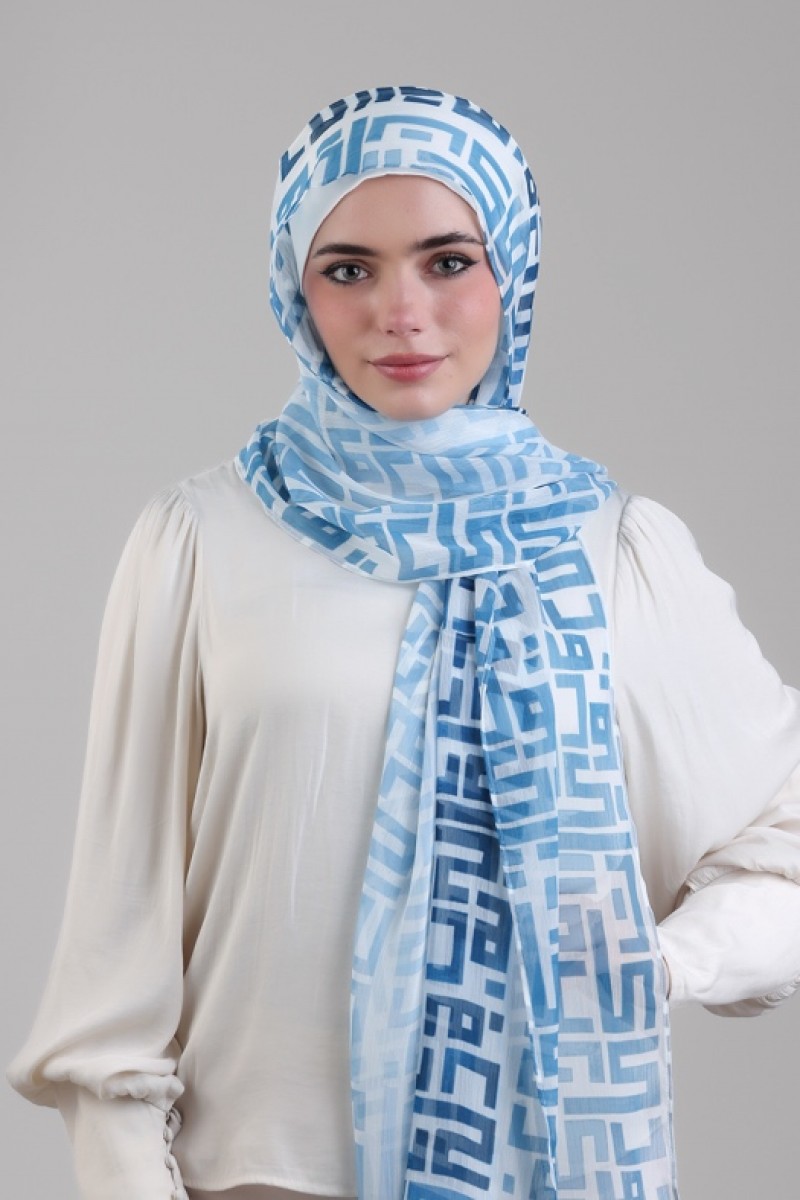 Monogram Blue - Printed Plus Crinkled Chiffon