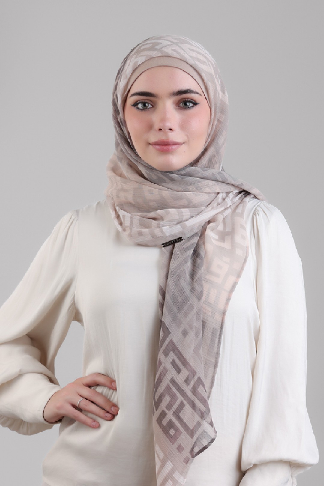 Monogram Beige - Printed Plus Crinkled Chiffon