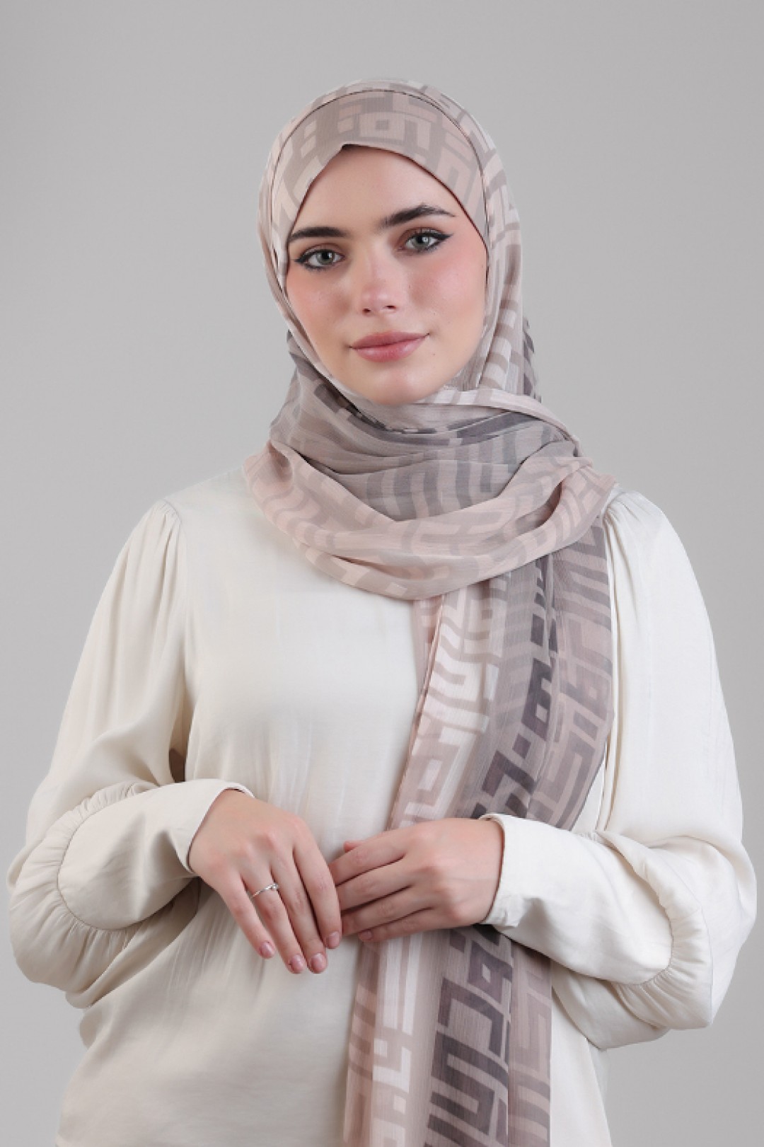 Monogram Beige - Printed Plus Crinkled Chiffon