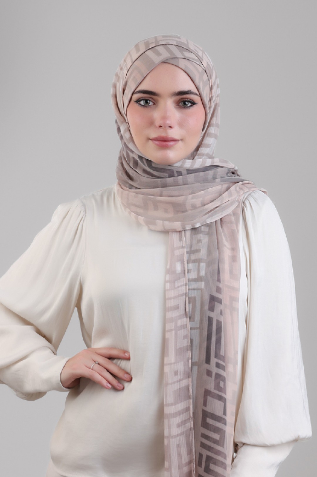 Monogram Beige - Printed Plus Crinkled Chiffon