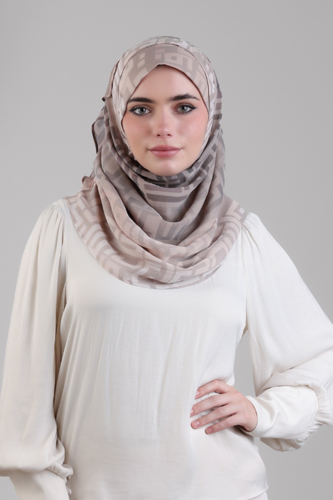Monogram Beige - Printed Plus Crinkled Chiffon
