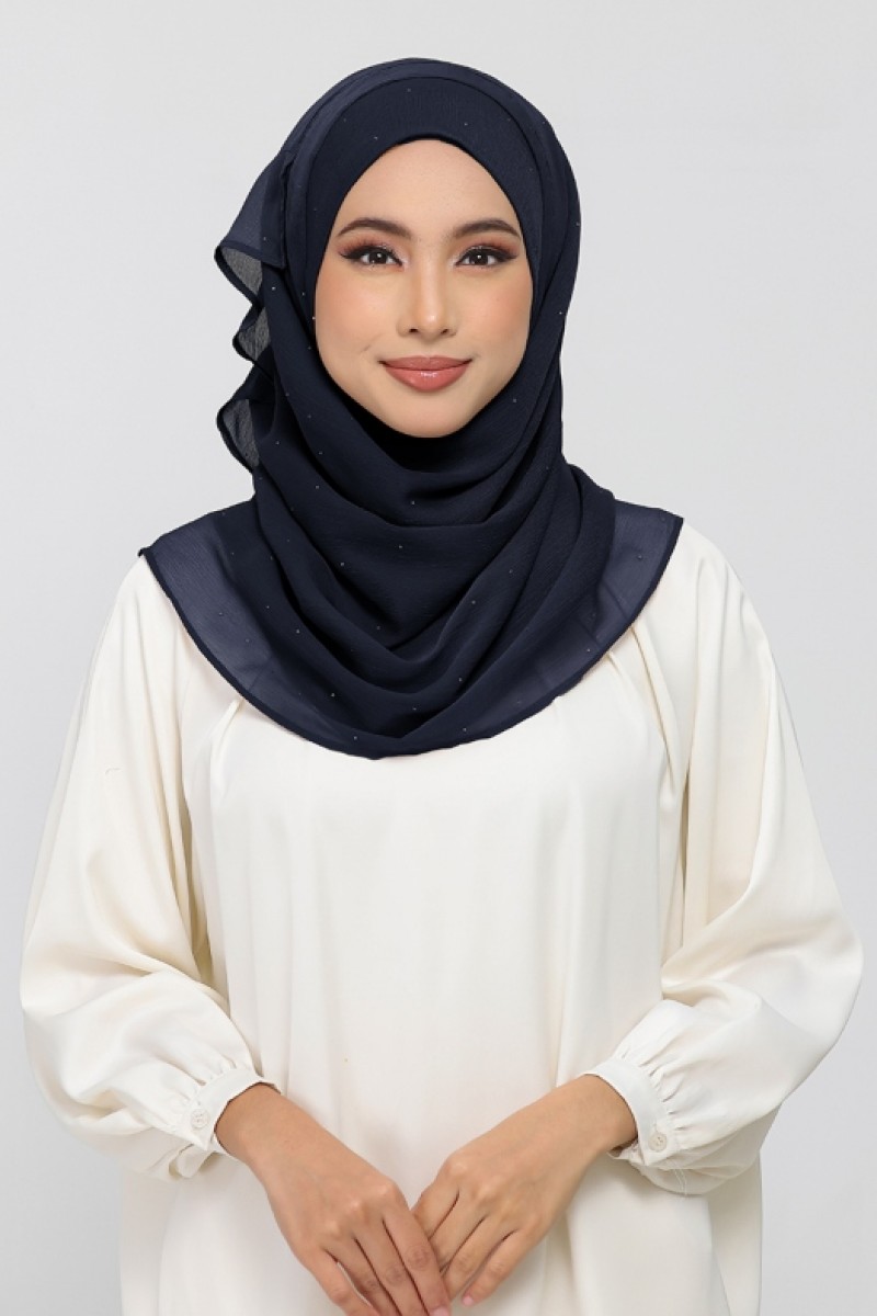Midnight Navy - Plain Crinkled Chiffon Crystals