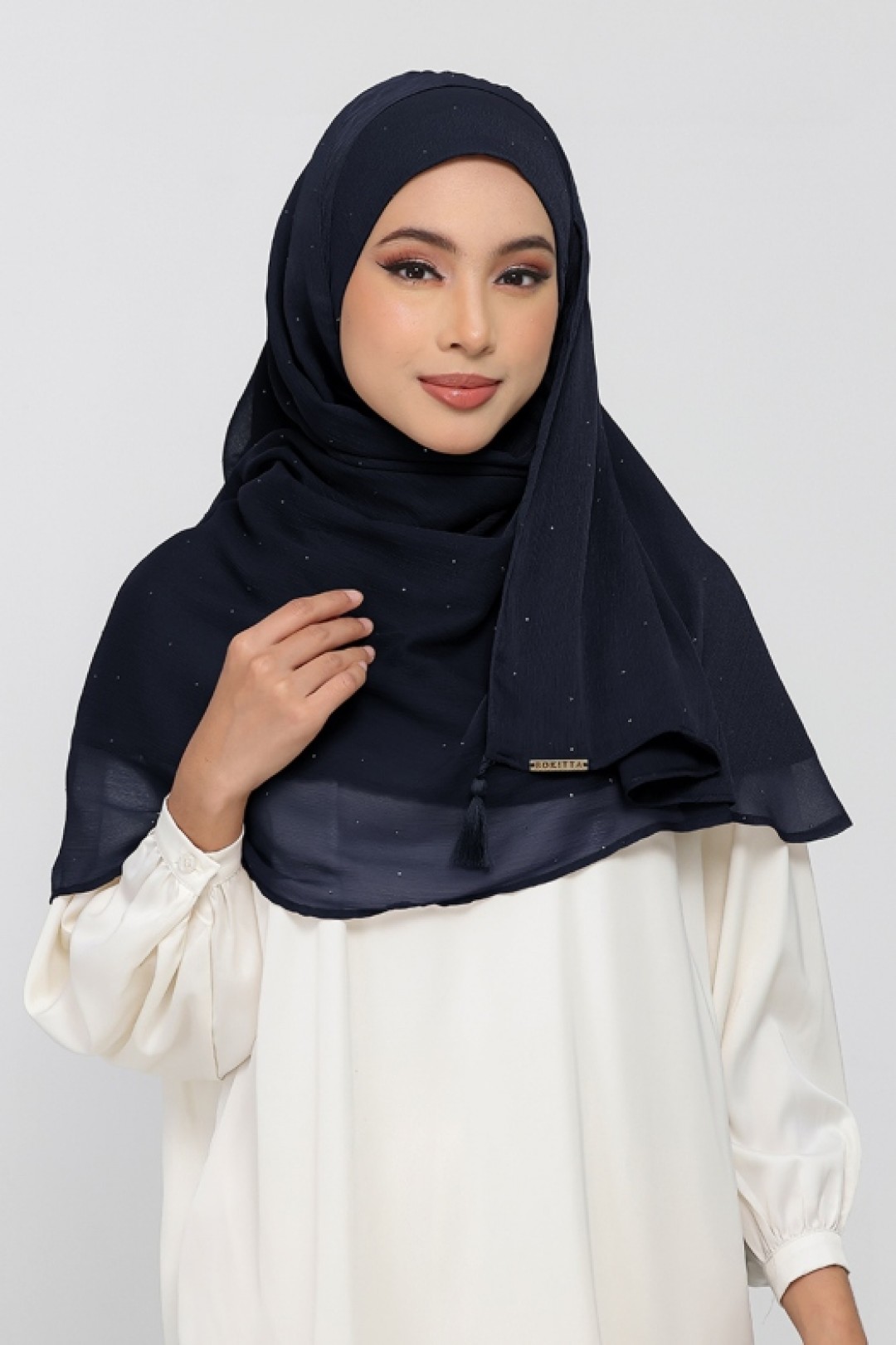 Midnight Navy - Plain Crinkled Chiffon Crystals