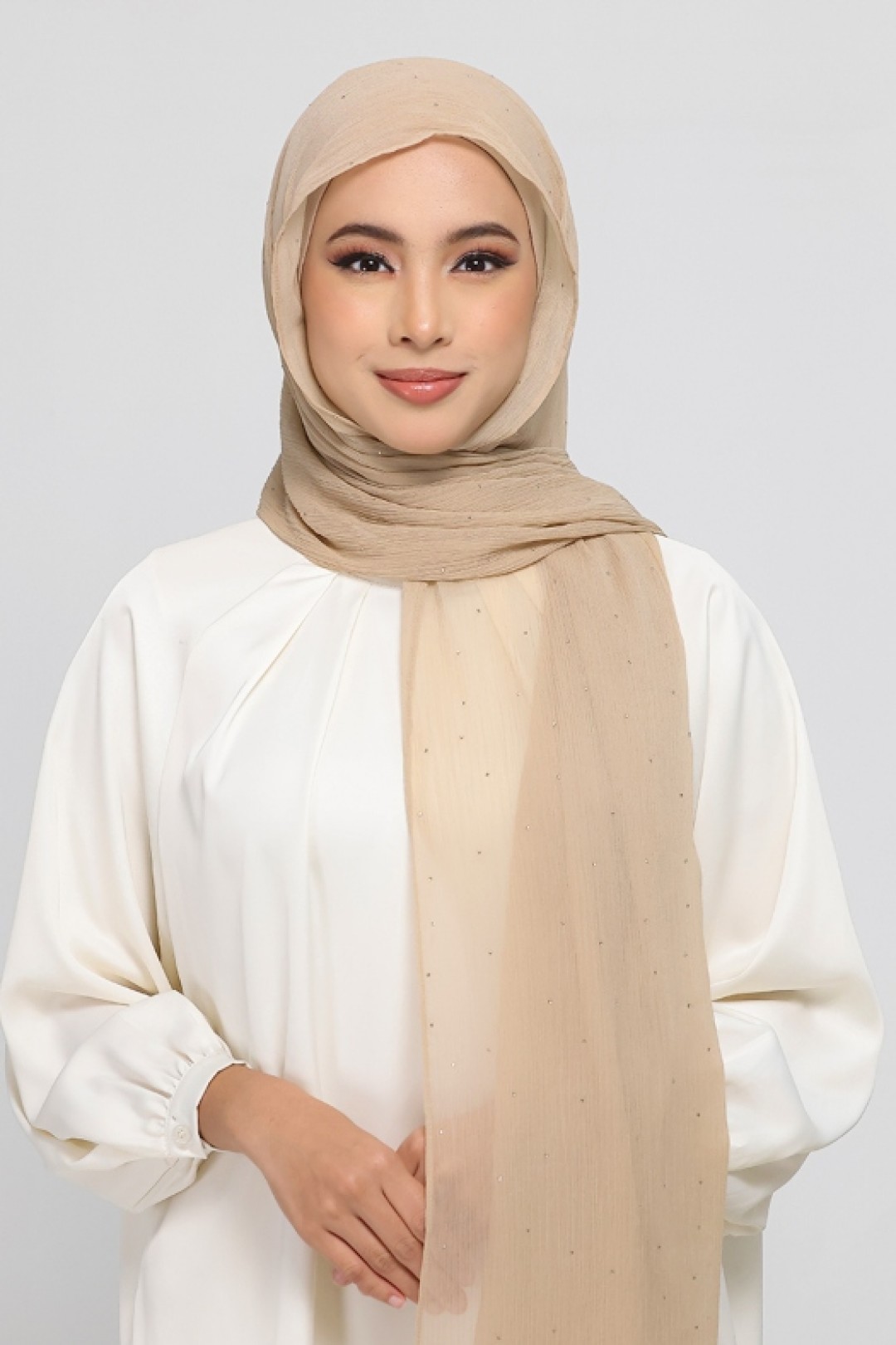 Neutral Beige - Plain Crinkled Chiffon Crystals