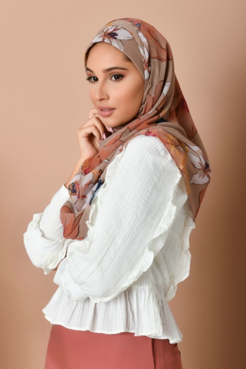 Lilies Beige - Printed Crinkled Chiffon
