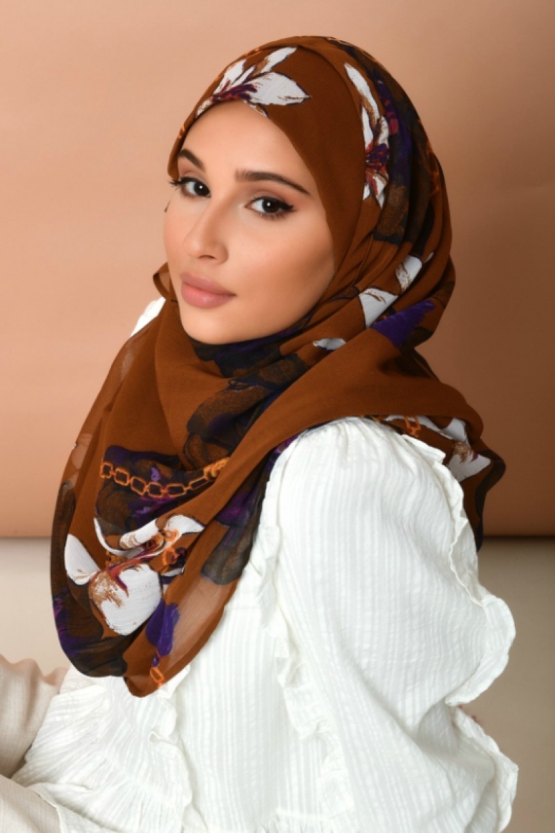 Lilies Caramel - Printed Crinkled Chiffon