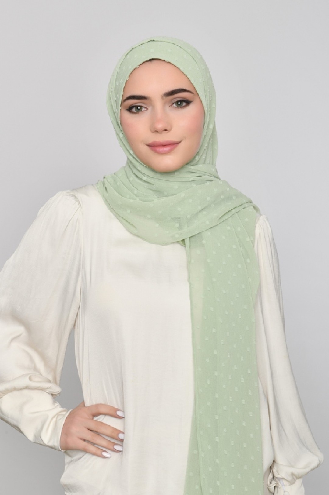Pastel Green - Plain Mosaic Butti Chiffon
