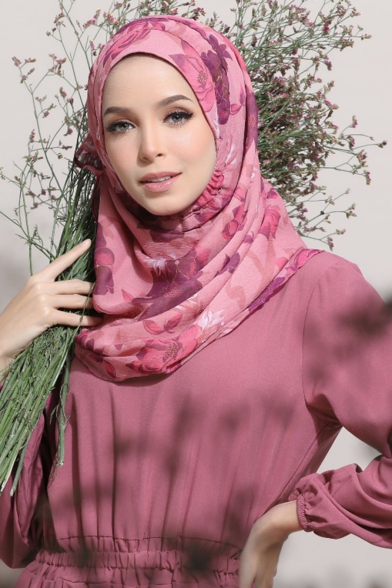 Pink Flora - Printed Crinkled Chiffon - Face Mask