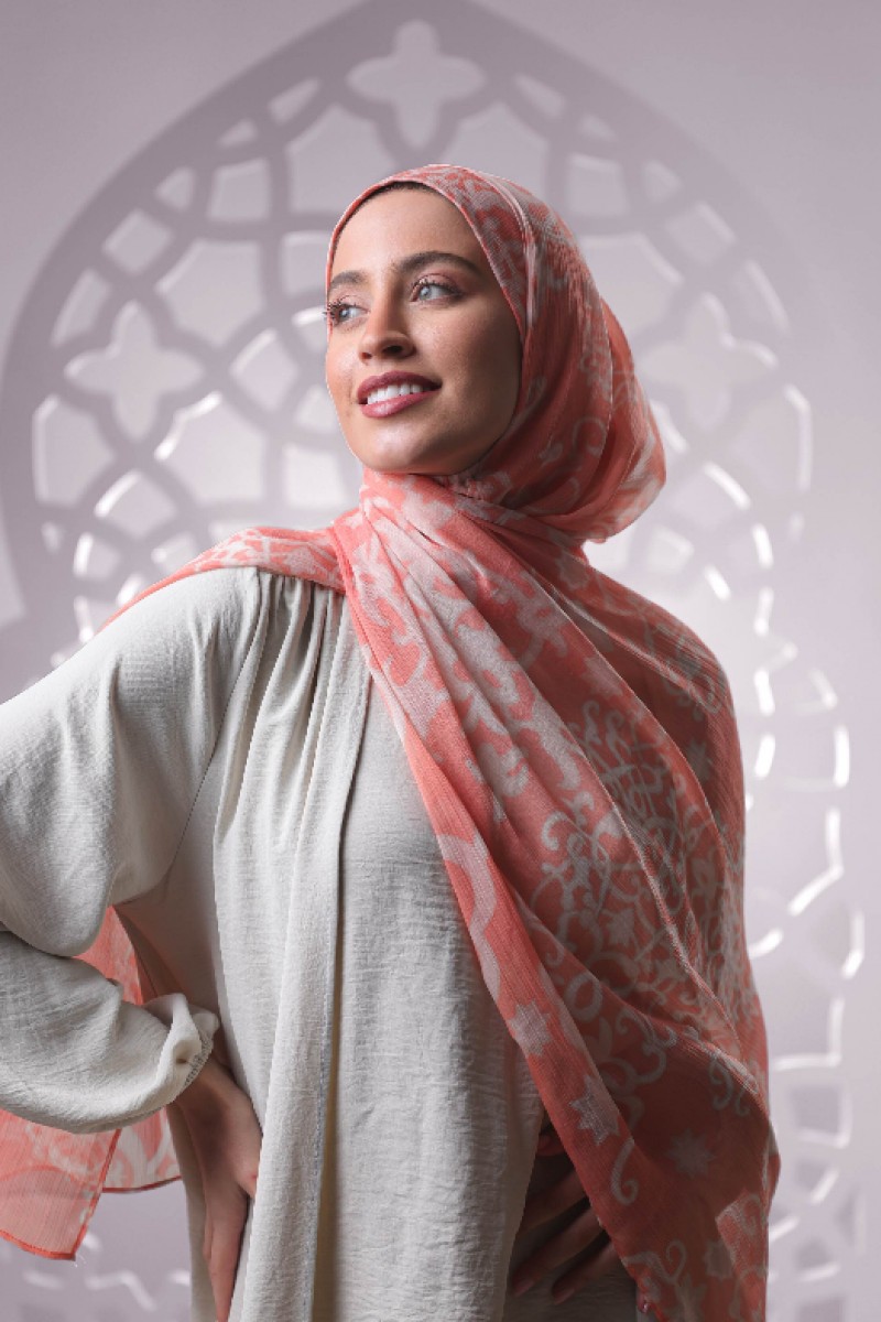 Putra Coral - Printed Plus Crinkled Chiffon