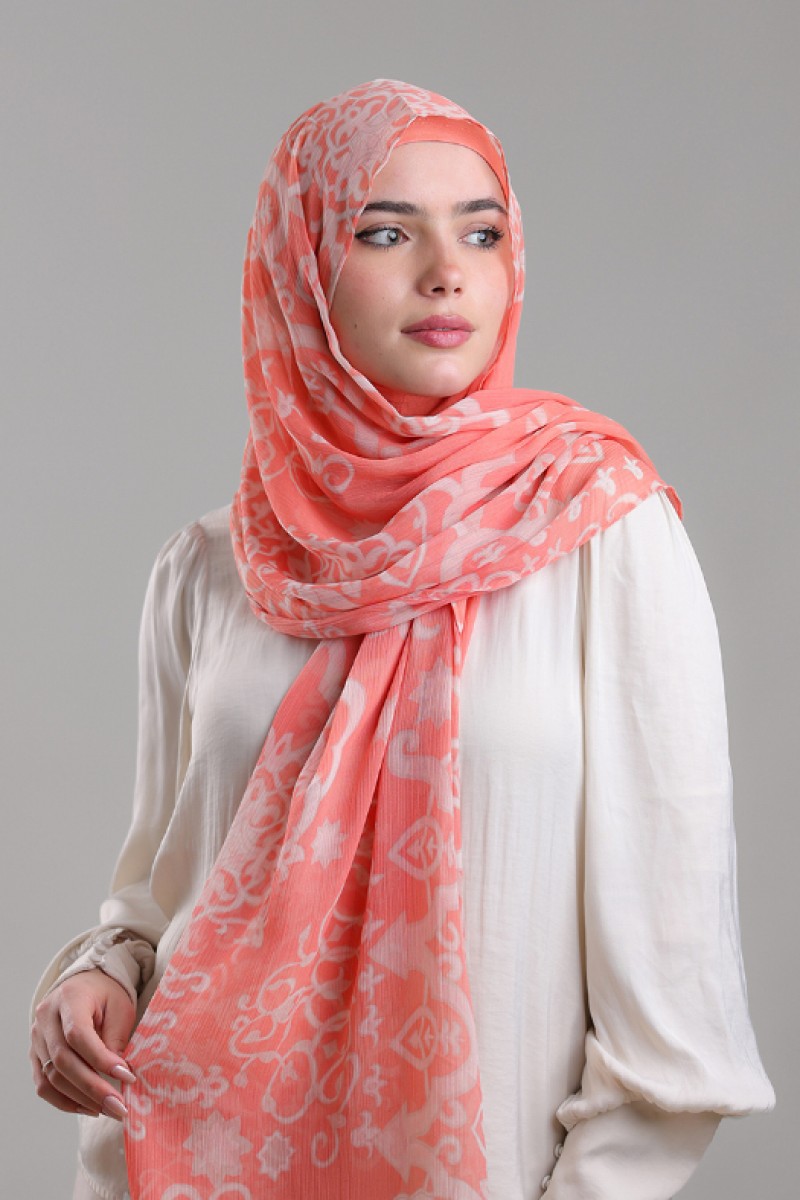 Putra Coral - Printed Plus Crinkled Chiffon