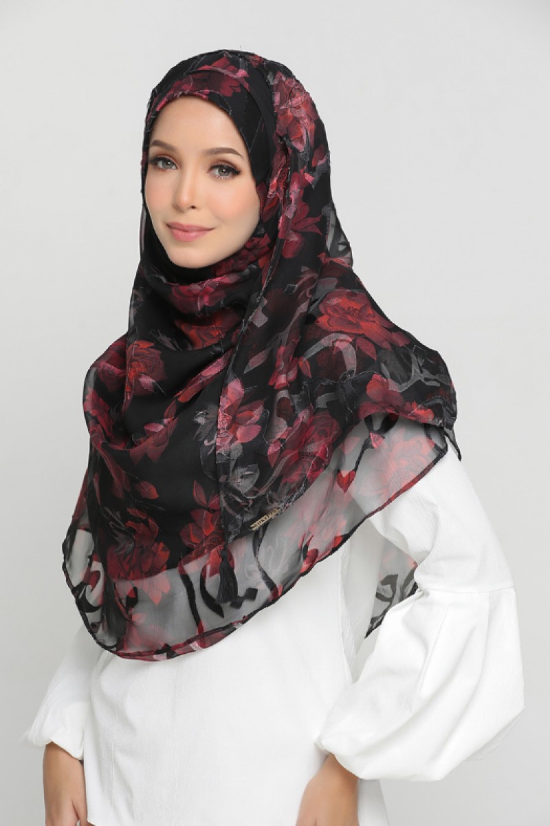 Red Flora - Premium Printed Brasso Georgette - Face Mask