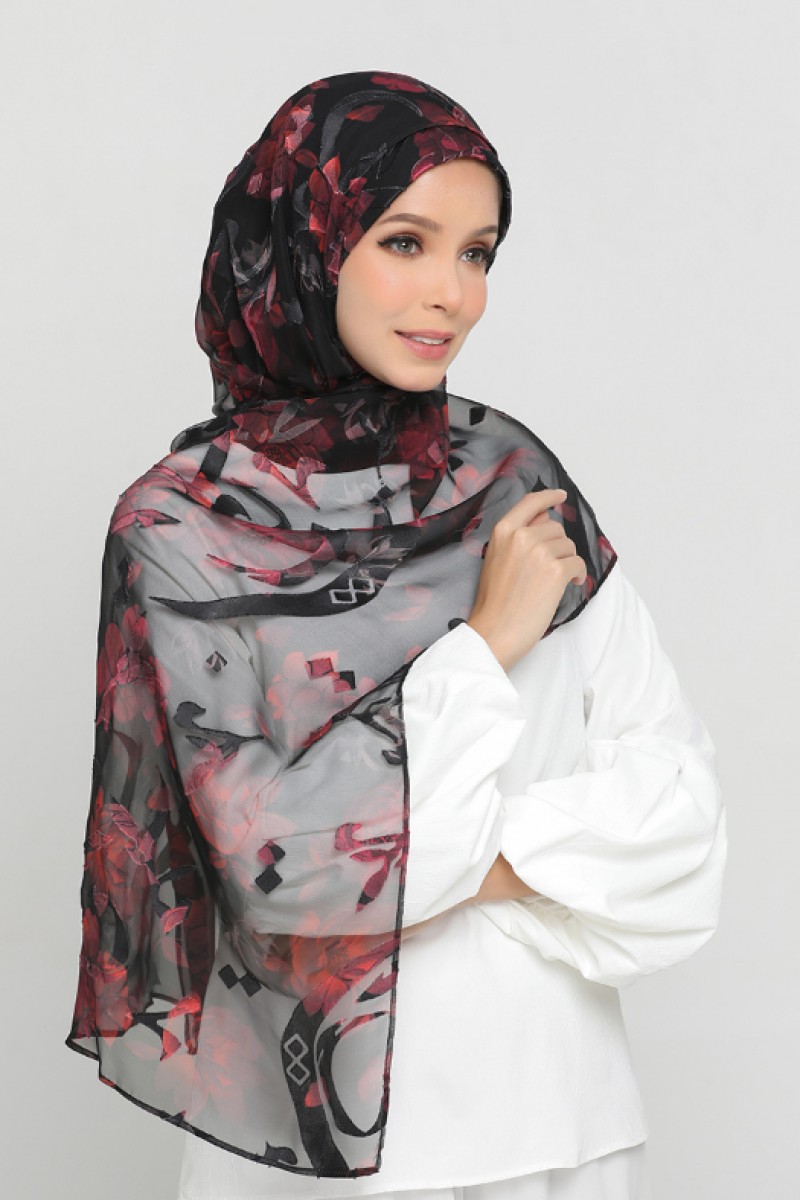 Red Flora - Premium Printed Brasso Georgette - Face Mask