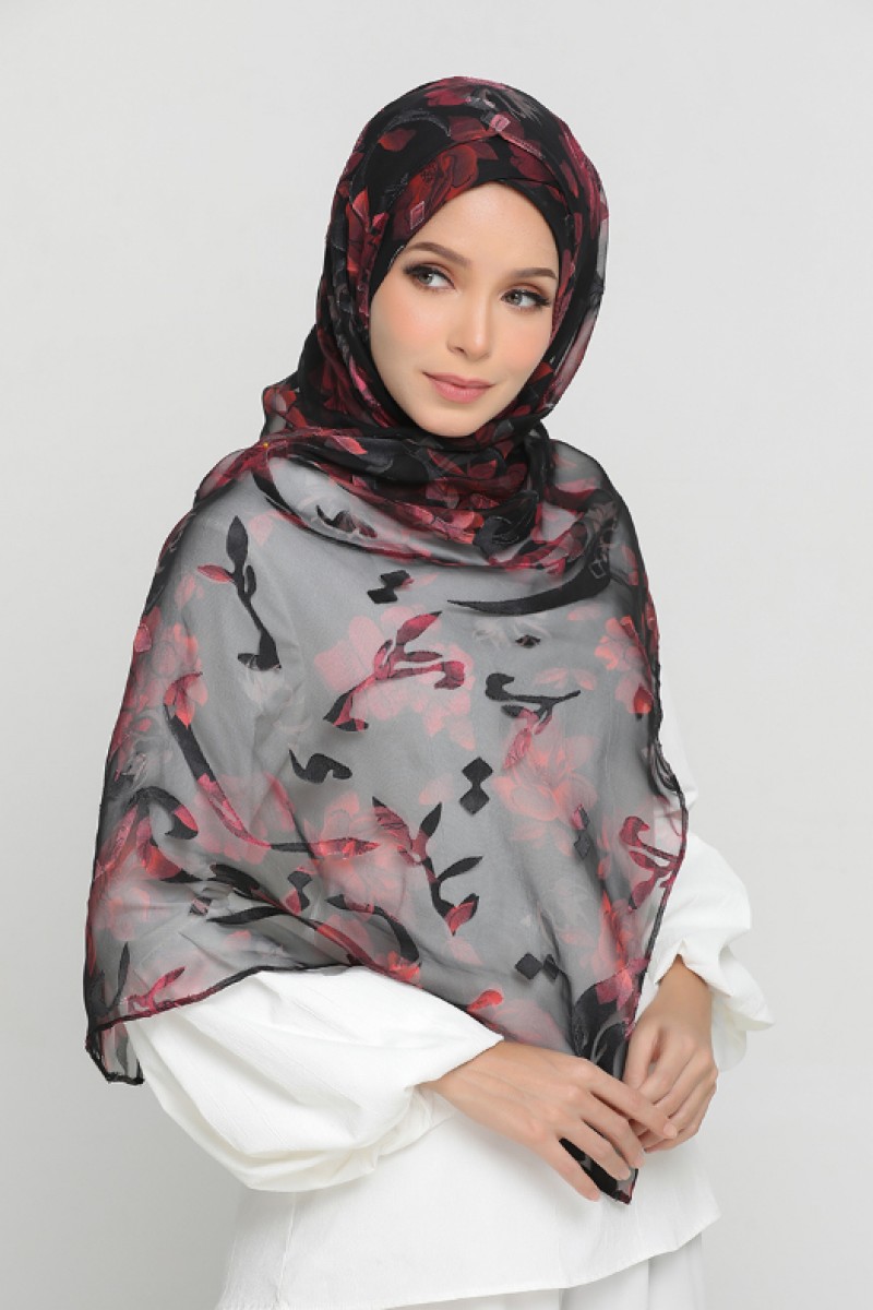Red Flora - Premium Printed Brasso Georgette - Face Mask