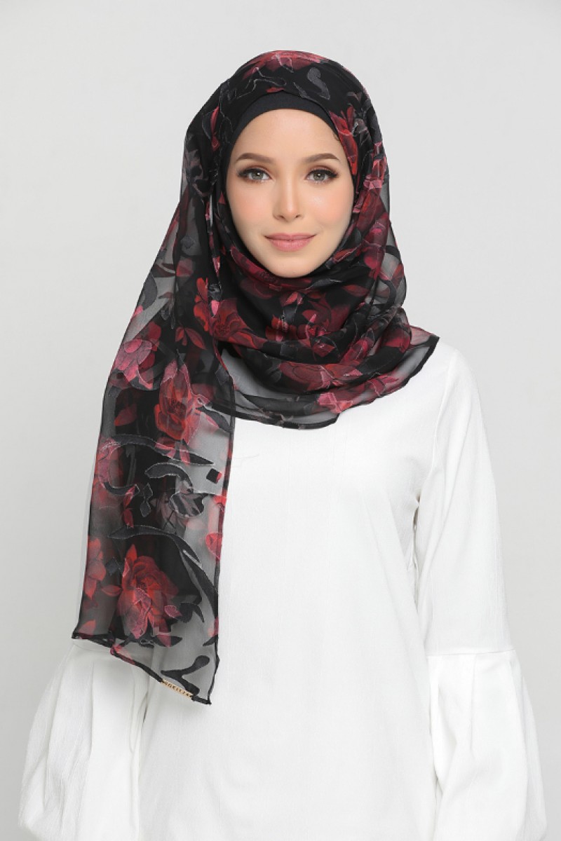 Red Flora - Premium Printed Brasso Georgette - Face Mask