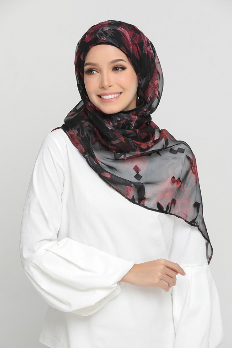 Red Flora - Premium Printed Brasso Georgette - Face Mask