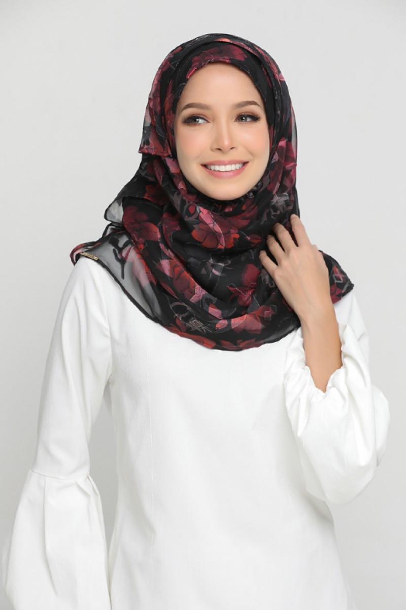 Red Flora - Premium Printed Brasso Georgette - Face Mask