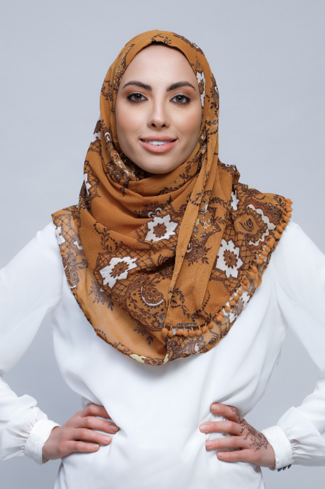 Unity - Printed With Pompoms Crinkled Chiffon - Cap Shawl