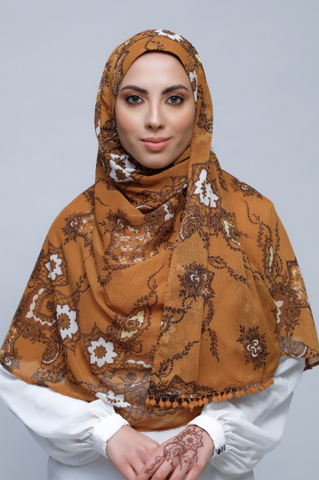 Unity - Printed With Pompoms Crinkled Chiffon - Cap Shawl