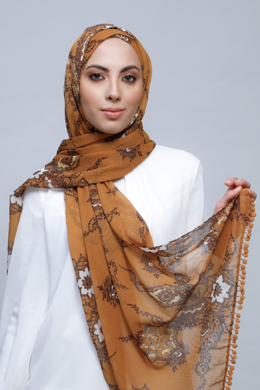 Unity - Printed With Pompoms Crinkled Chiffon - Cap Shawl