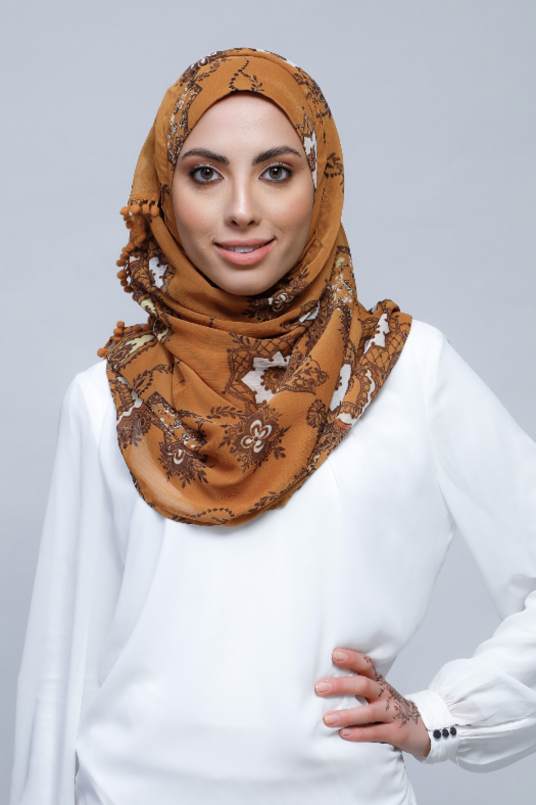 Unity - Printed With Pompoms Crinkled Chiffon - Cap Shawl