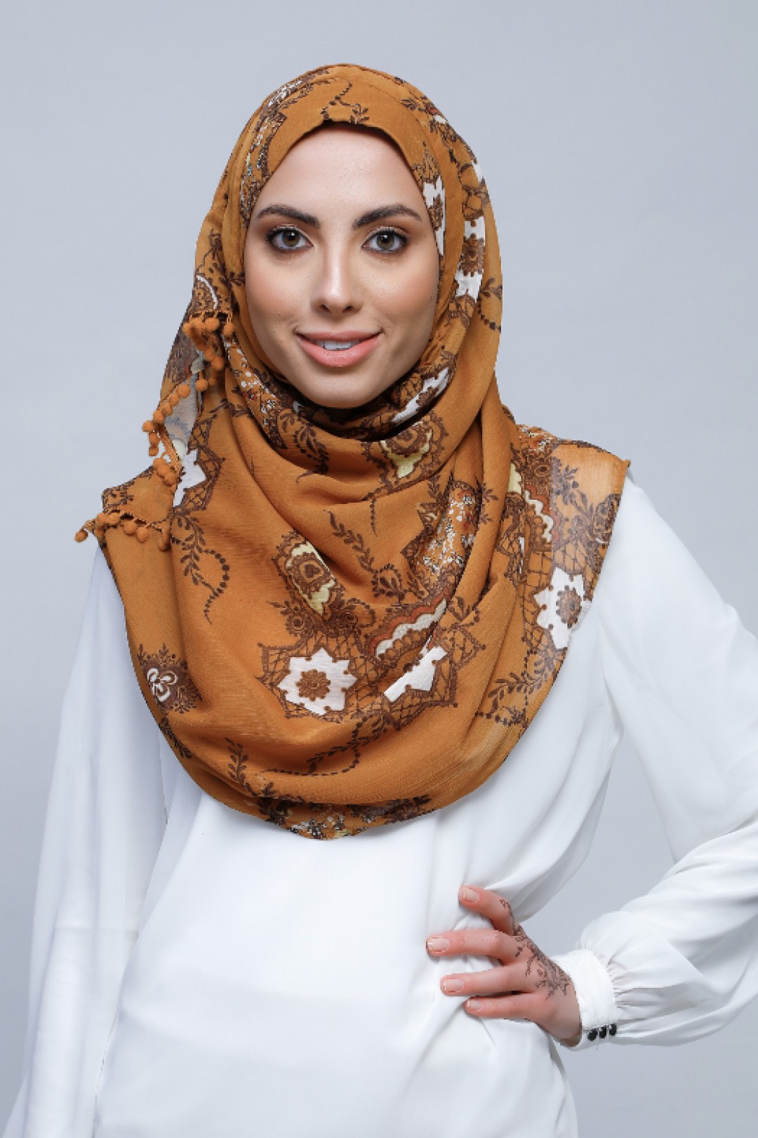 Unity - Printed With Pompoms Crinkled Chiffon - Cap Shawl