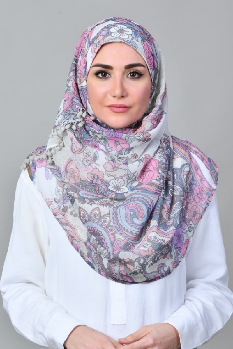 Boteh Blue - Printed With Pompoms Mosaic Chiffon - Capshawl