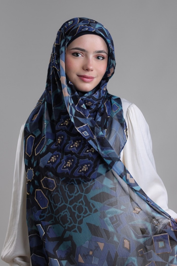 Hassan II Azure - Printed Plus Crinkled Chiffon with Foil