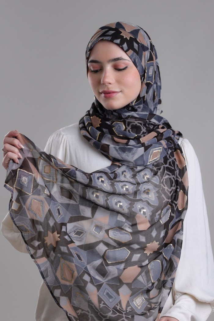 Hassan II Black - Printed Plus Crinkled Chiffon with Foil