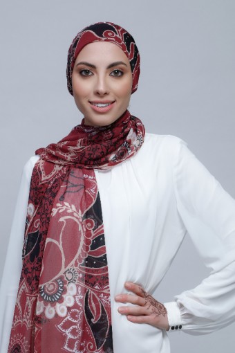 Integrity - Printed With Pompoms Crinkled Chiffon - Cap Shawl