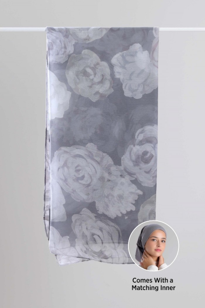SIlver Roses - Printed Plus Crinkled Chiffon