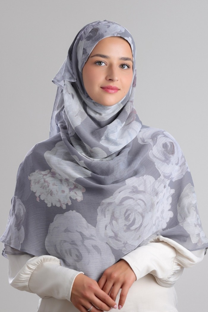 SIlver Roses - Printed Plus Crinkled Chiffon